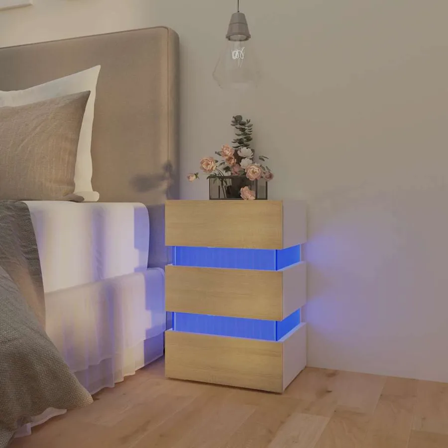 Table de chevet à LED Blanc et chêne sonoma 45x35x67 cm - 11