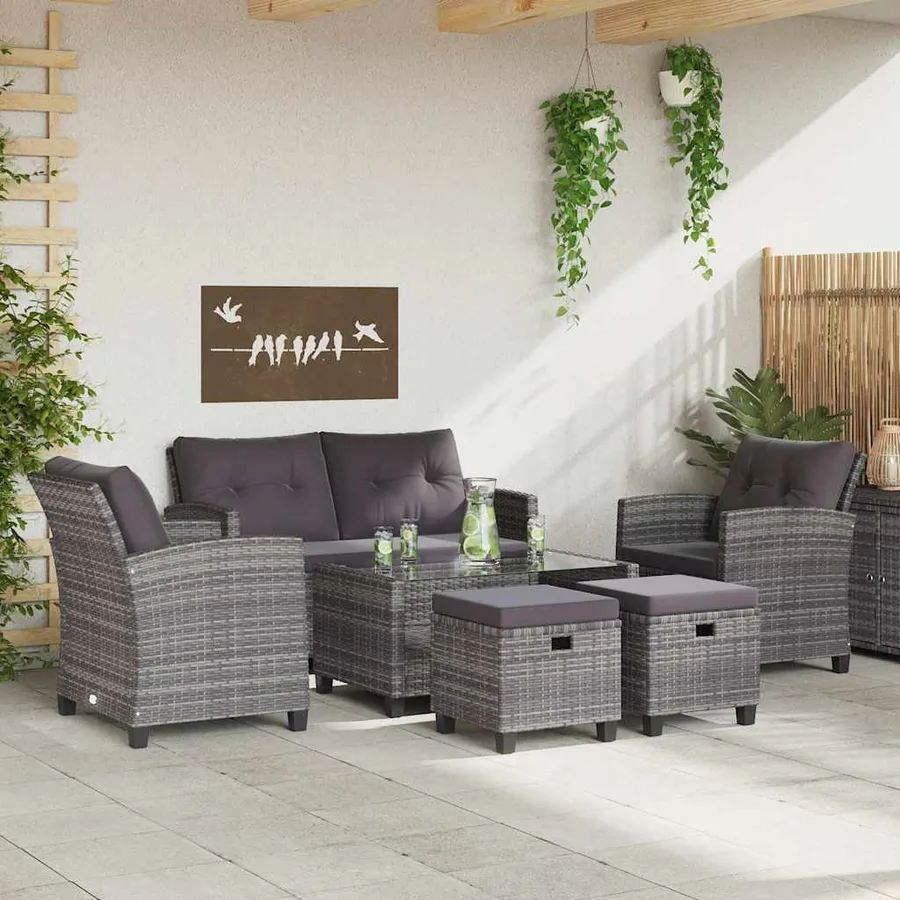 Salon de jardin 6 pcs avec coussins Résine tressée Gris foncé - 3