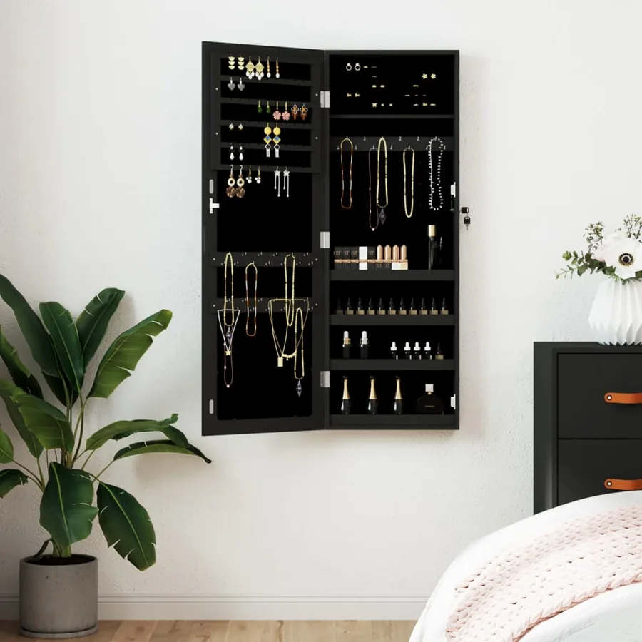 Armoire à bijoux avec miroir murale noir 37,5x10x106 cm