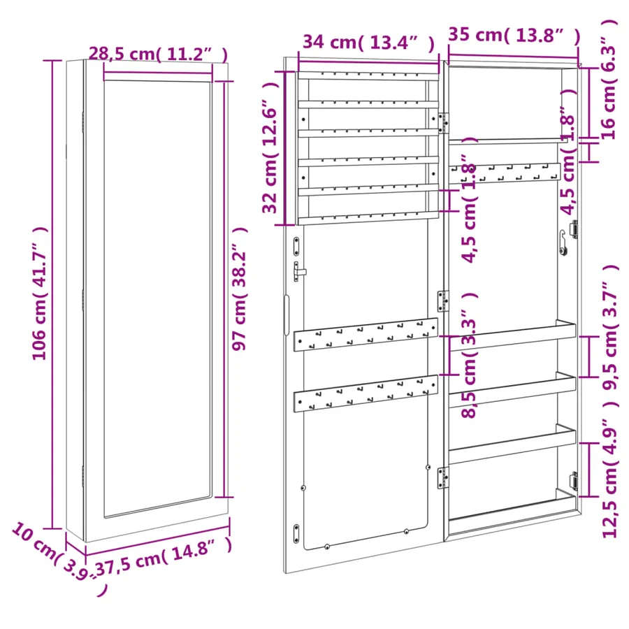 Armoire à bijoux avec miroir murale noir 37,5x10x106 cm - 11