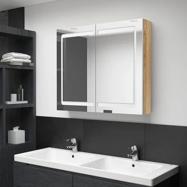 Armoire de salle de bain à miroir à LED Blanc et chêne