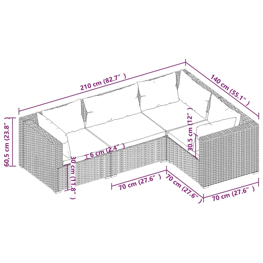 Salon de jardin 4 pcs avec coussins Résine tressée Noir - 5