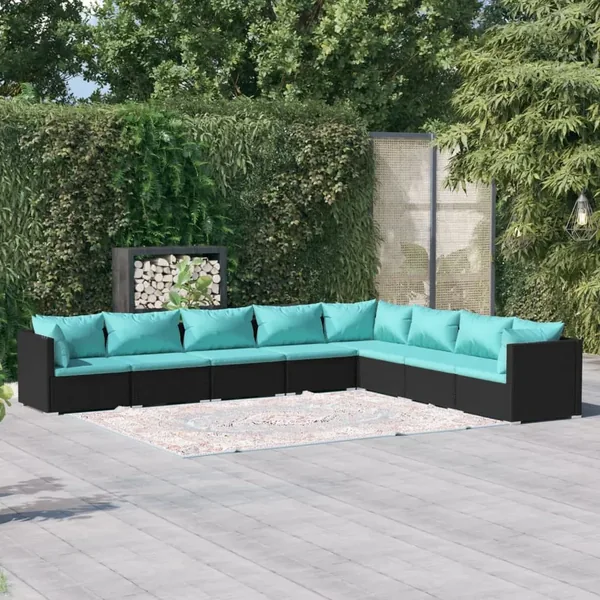 Salon de jardin 8 pcs avec coussins Résine tressée Noir
