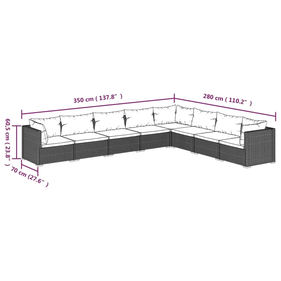 Salon de jardin 8 pcs avec coussins Résine tressée Noir - 5