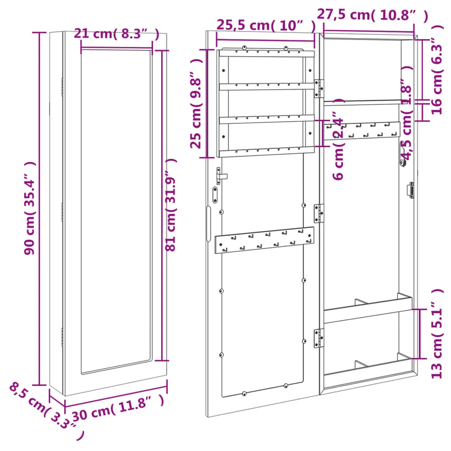 Armoire à bijoux avec miroir murale 30x8,5x90 cm - 11