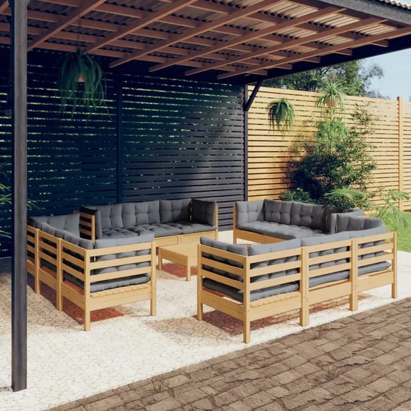 Salon de jardin 13 pcs avec coussins gris bois de pin
