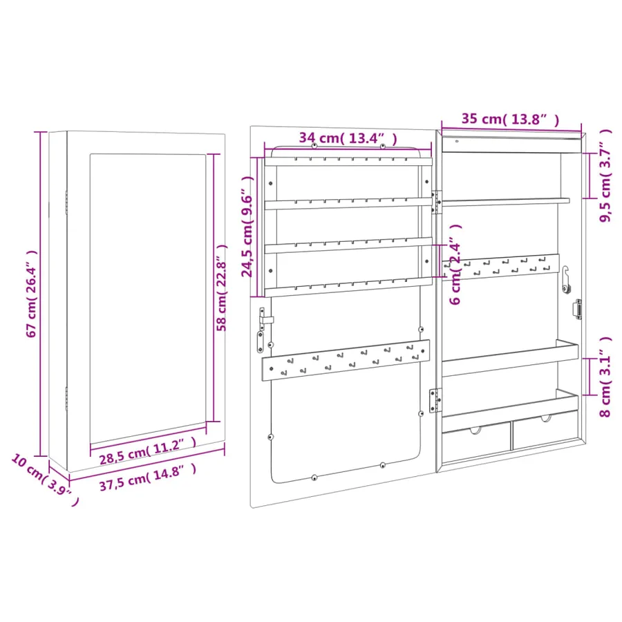 Armoire à bijoux avec miroir et éclairage LED mural noir - 13