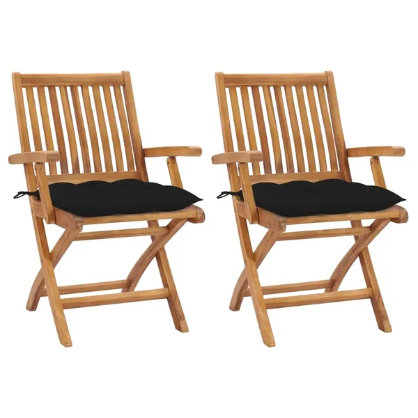 Chaises de jardin lot de 2 et coussins noir Bois de teck massif