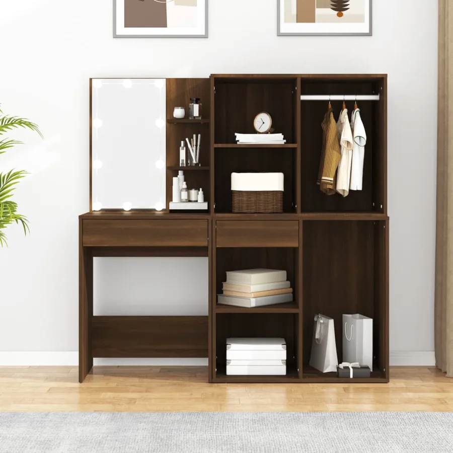 Coiffeuse à LED avec armoires Chêne marron Bois d'ingénierie - 4