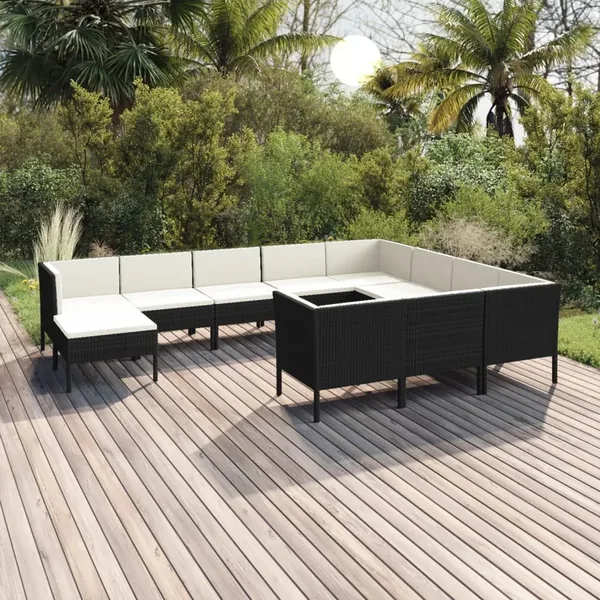 Salon de jardin 11 pcs avec coussins Résine tressée Noir