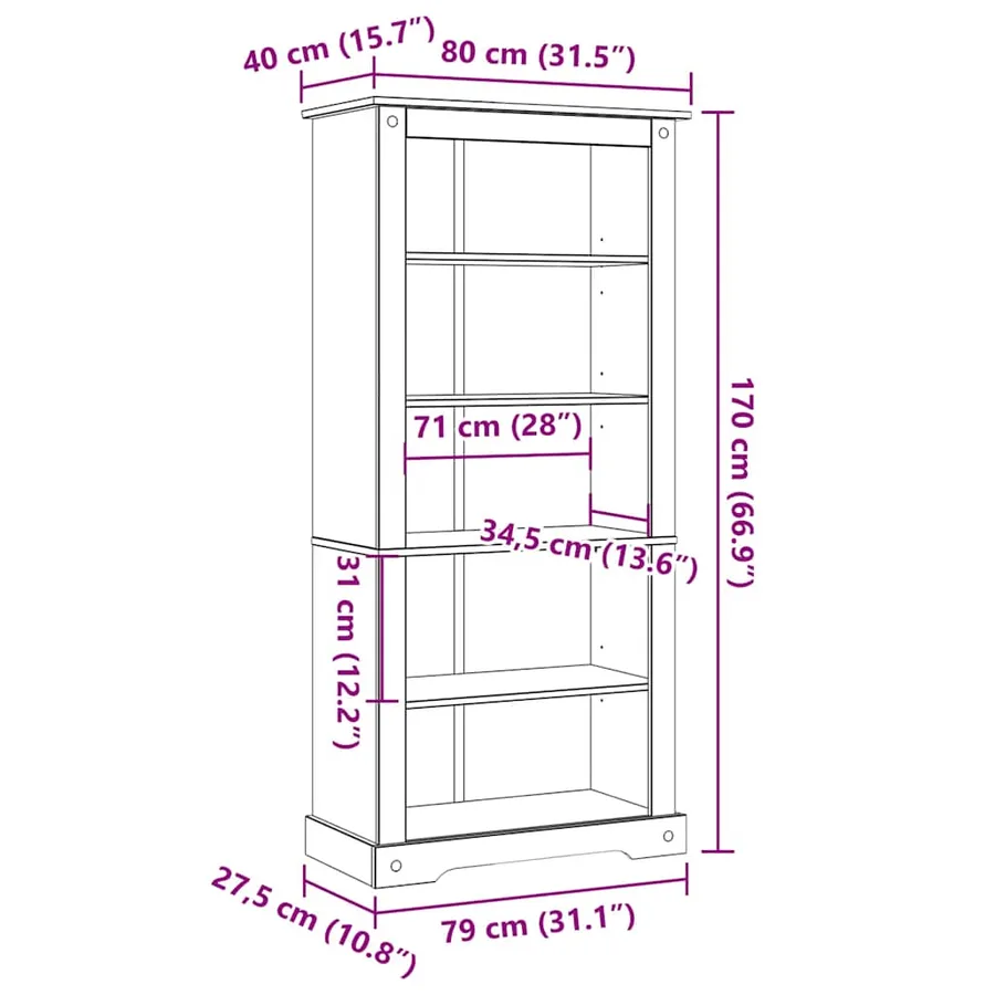Bibliothèque 5 niveaux Gamme Corona Pin mexicain 80x40x170 cm - 8