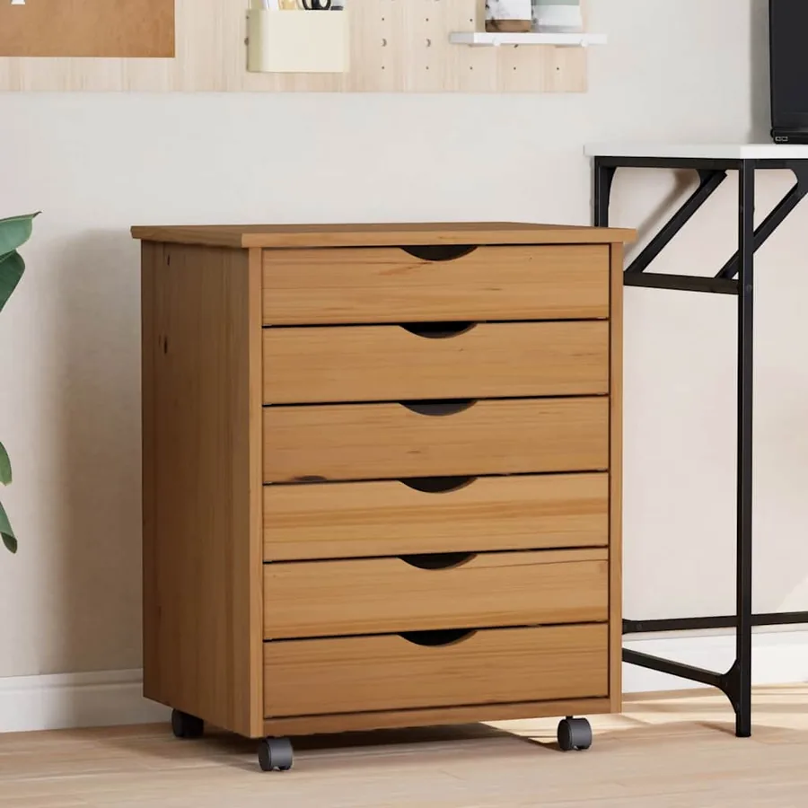 Armoire roulante avec tiroirs MOSS bois de pin marron miel