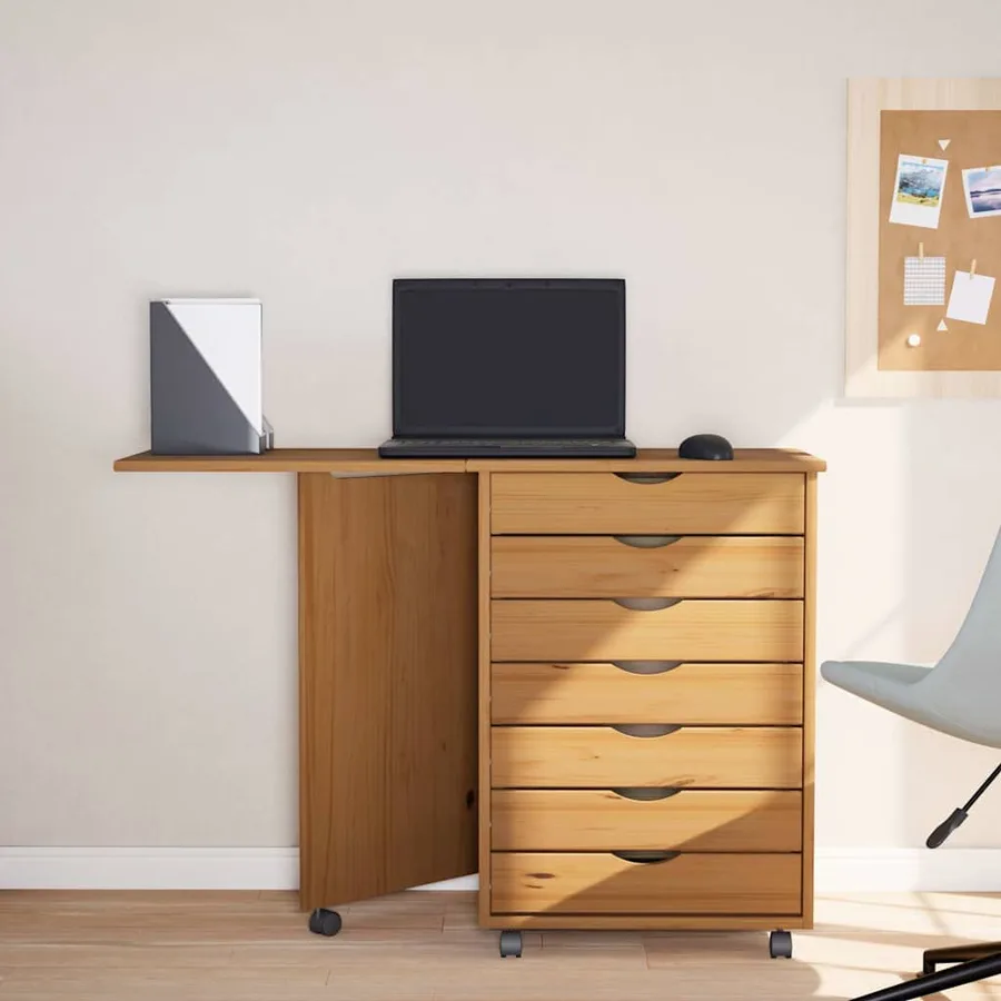 Armoire roulante avec bureau MOSS marron miel bois de pin - 3
