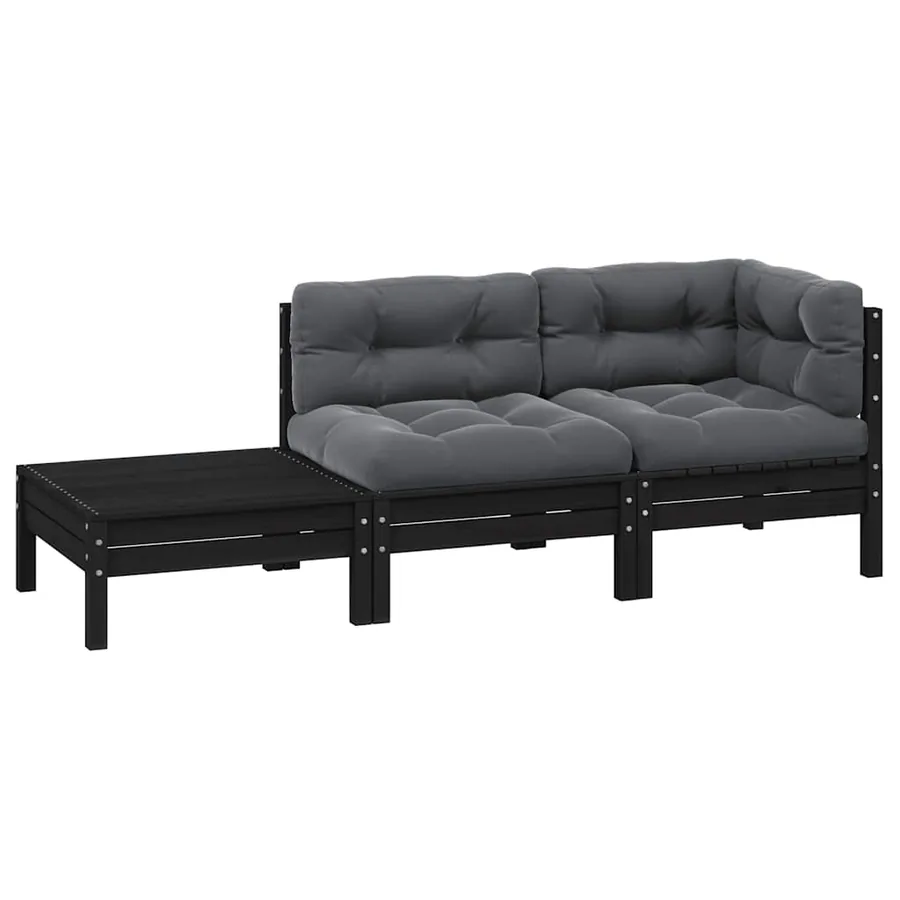 Salon de jardin 3 pcs avec coussins Noir Bois de pin massif