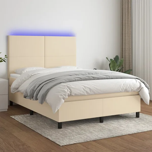 Sommier à lattes de lit et matelas et LED Crème 140x200cm Tissu