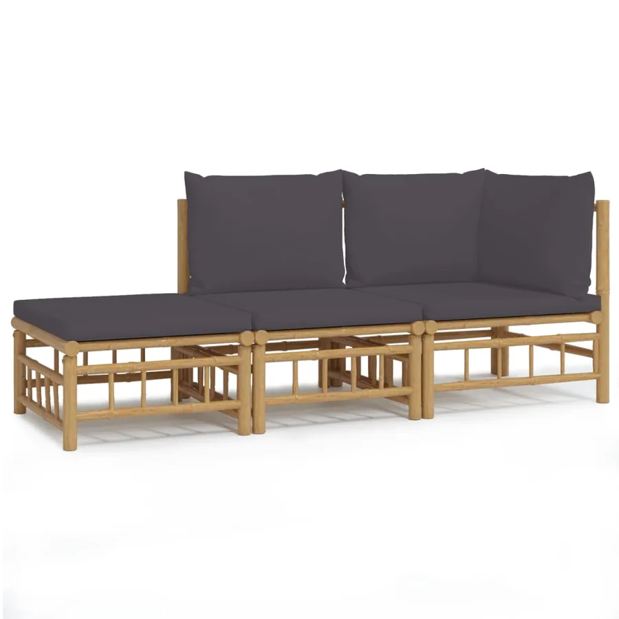 Salon de jardin 3 pcs avec coussins gris foncé bambou - 2