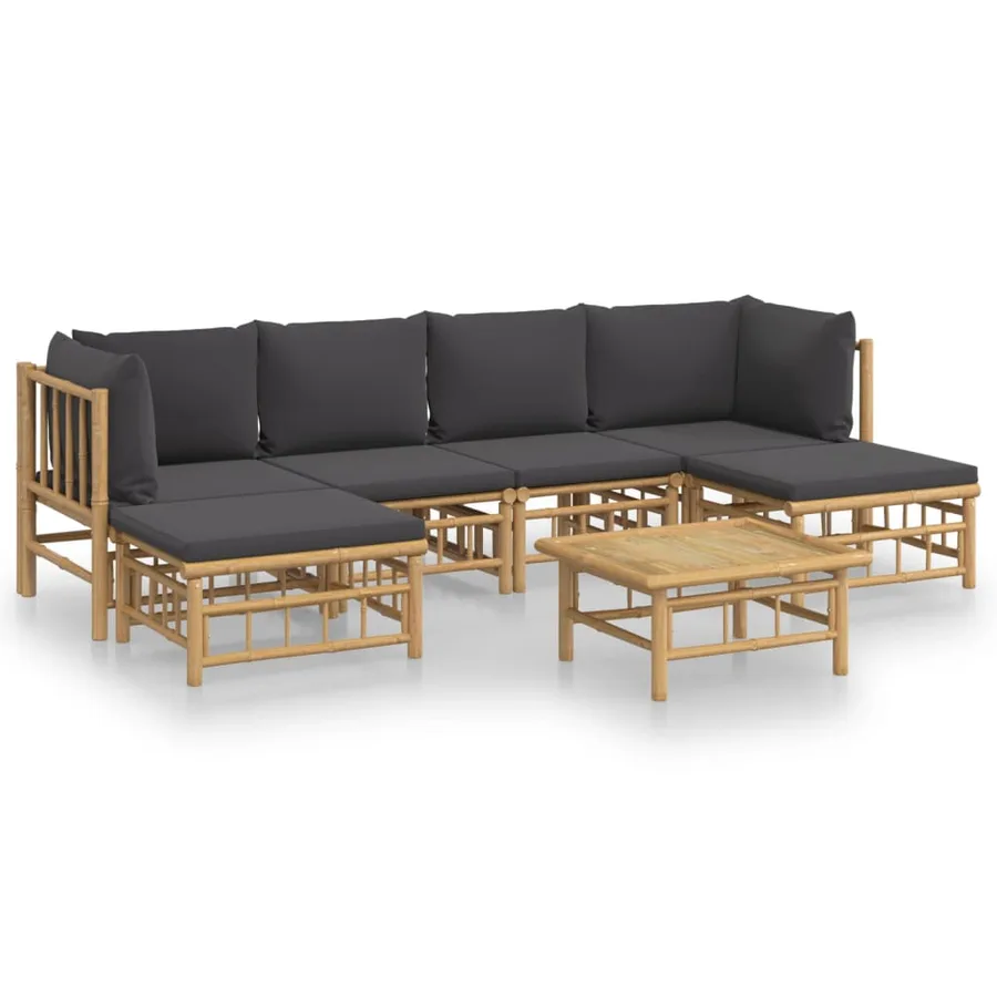 Salon de jardin 7 pcs avec coussins gris foncé bambou - 2