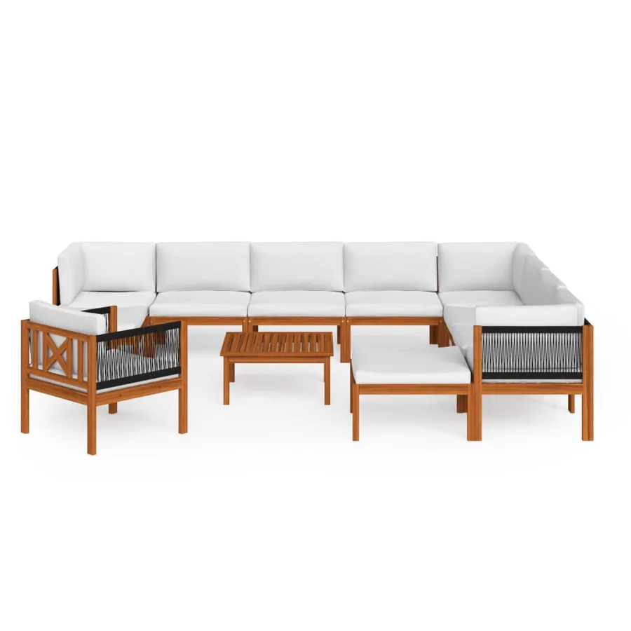 Salon de jardin 12 pièces avec coussins, bois d'acacia crème et corde - 3