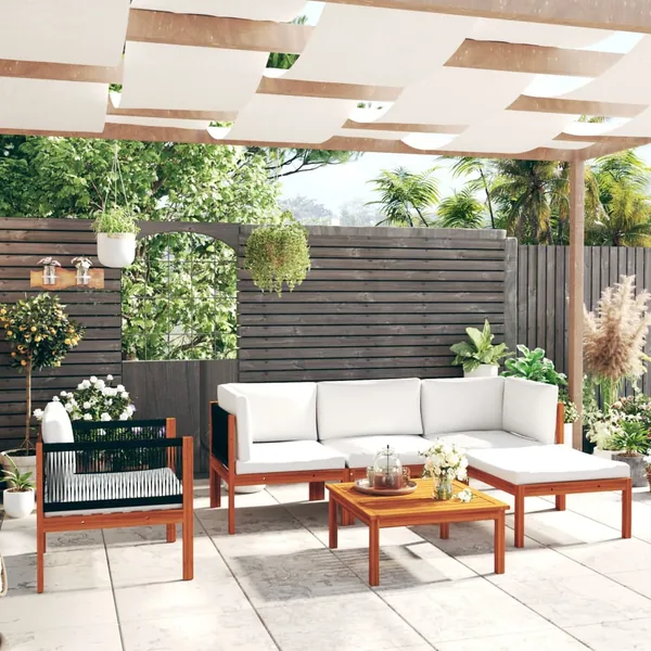 Salon de jardin 6 pièces avec coussins, bois d'acacia crème et corde