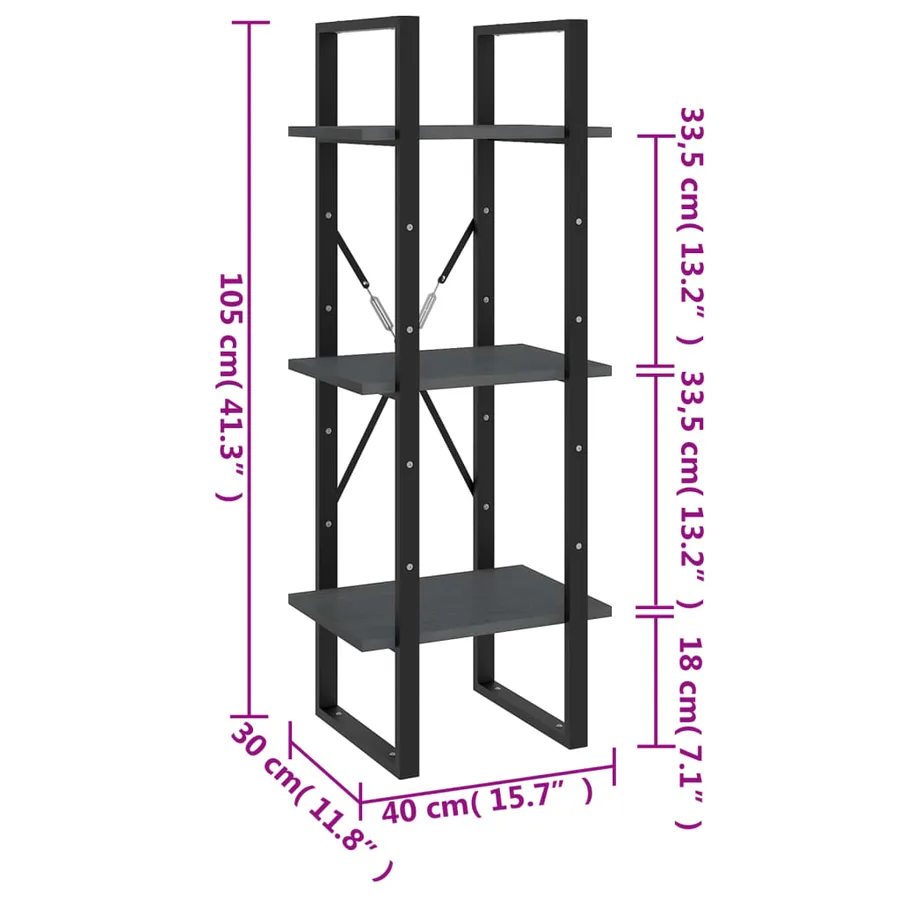 Bibliothèque à 3 niveaux Gris 40x30x105 cm Bois de pin massif - 8
