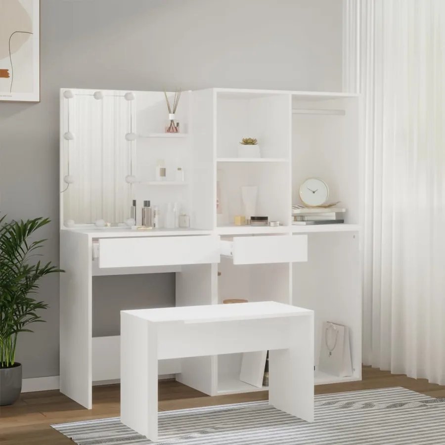 Ensemble de coiffeuse avec LED Blanc Bois d'ingénierie - 4