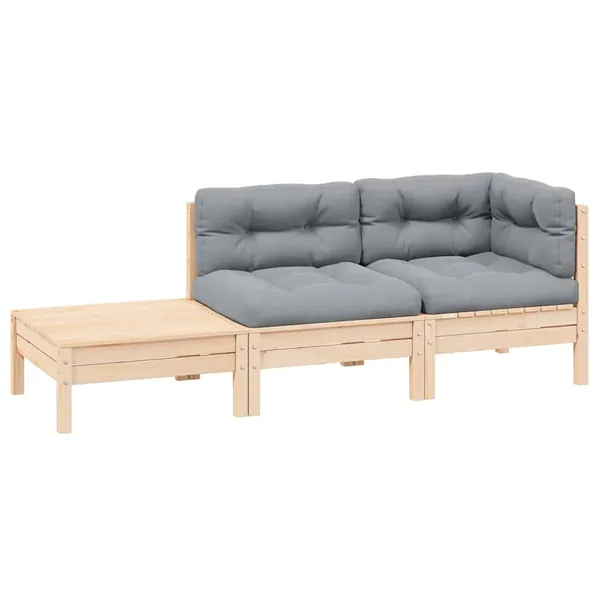 Salon de jardin 3 pcs avec coussins gris Bois de pin massif