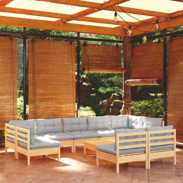 Salon de jardin 10 pcs avec coussins gris bois de pin massif