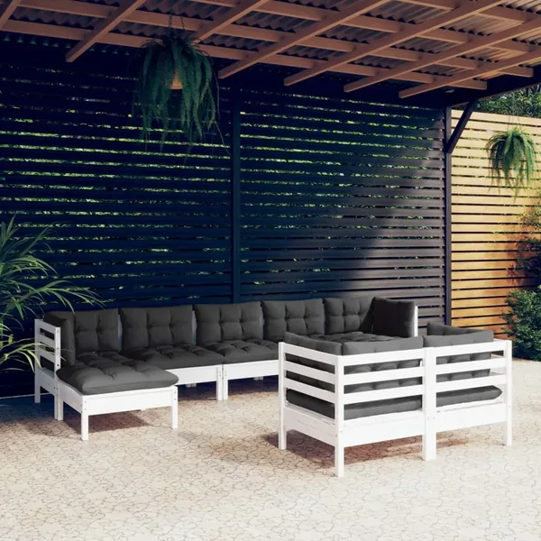 Salon de jardin 9 pcs avec coussins blanc bois de pin massif