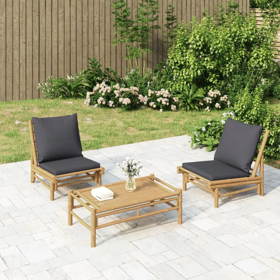 Chaises de jardin lot de 2 avec coussins gris foncé bambou