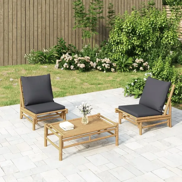 Chaises de jardin lot de 2 avec coussins gris foncé bambou