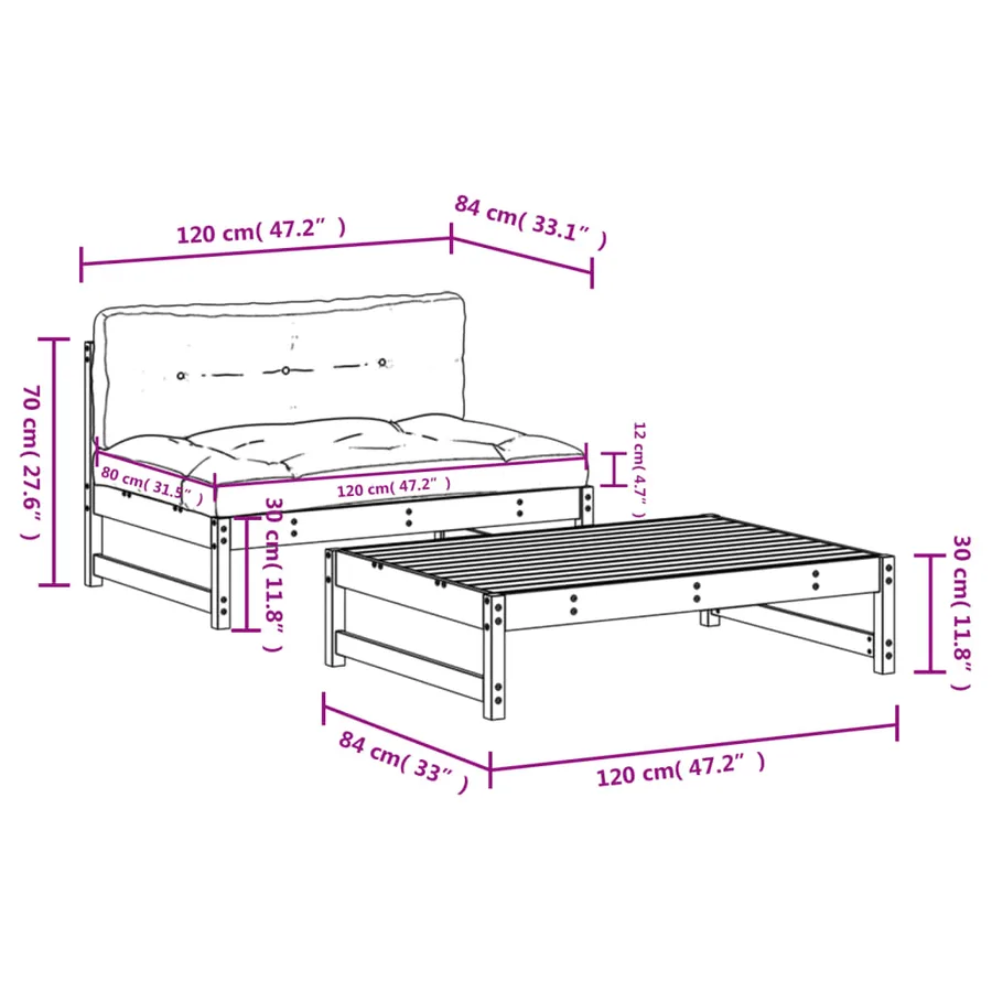Salon de jardin 2 pcs avec coussins bois massif - 8