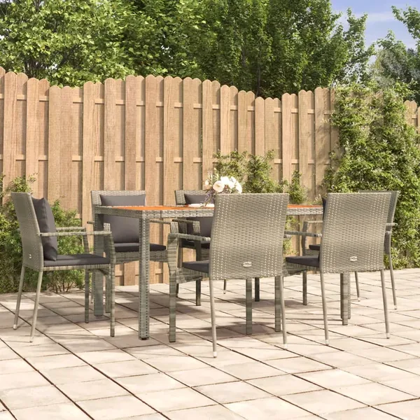 Ensemble à manger jardin et coussins 7 pcs gris rotin