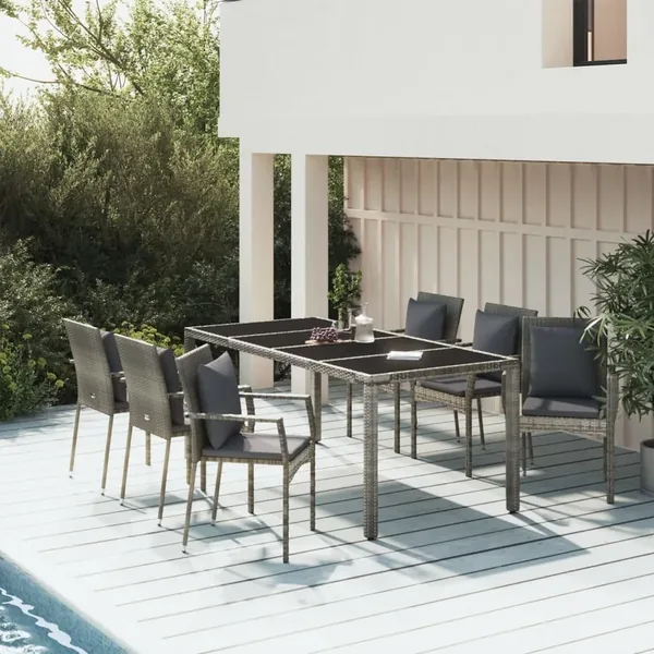 Ensemble à manger jardin et coussins 7 pcs gris rotin