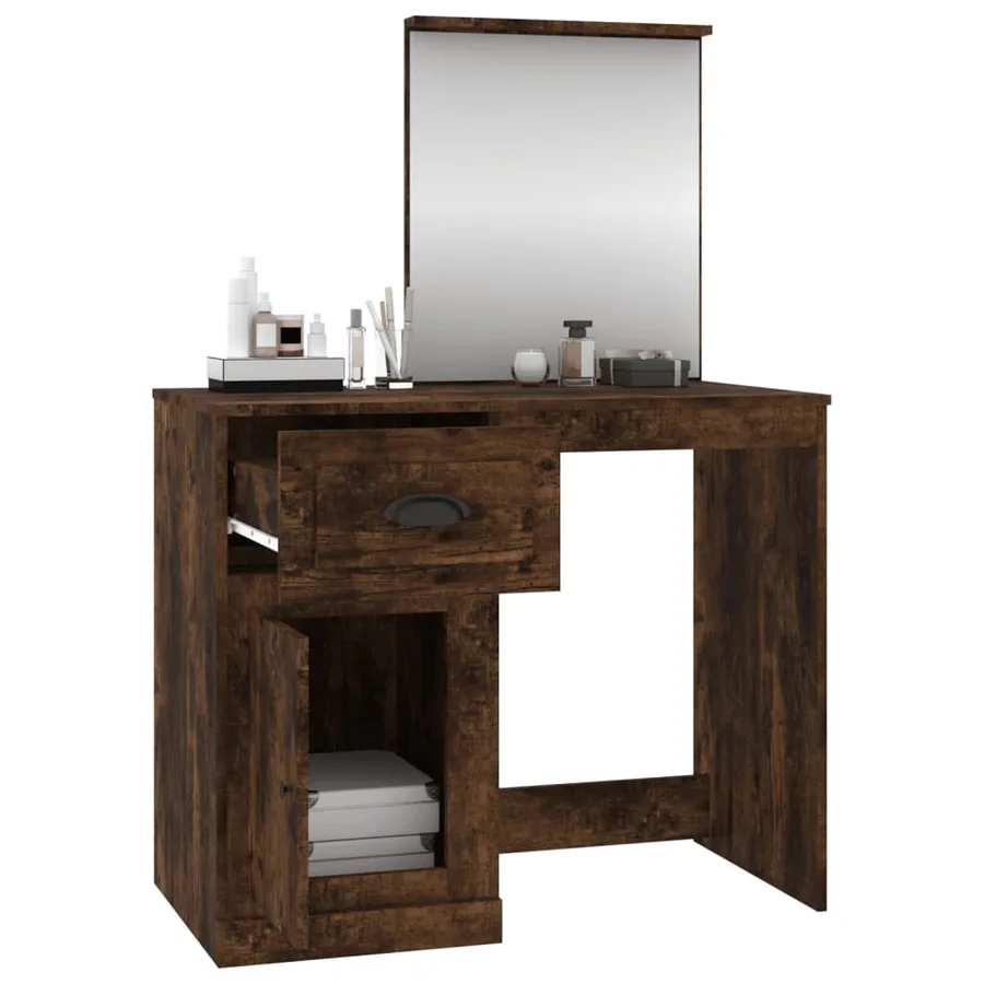 Coiffeuse et miroir chêne fumé 90x50x132,5 cm bois d'ingénierie - 5