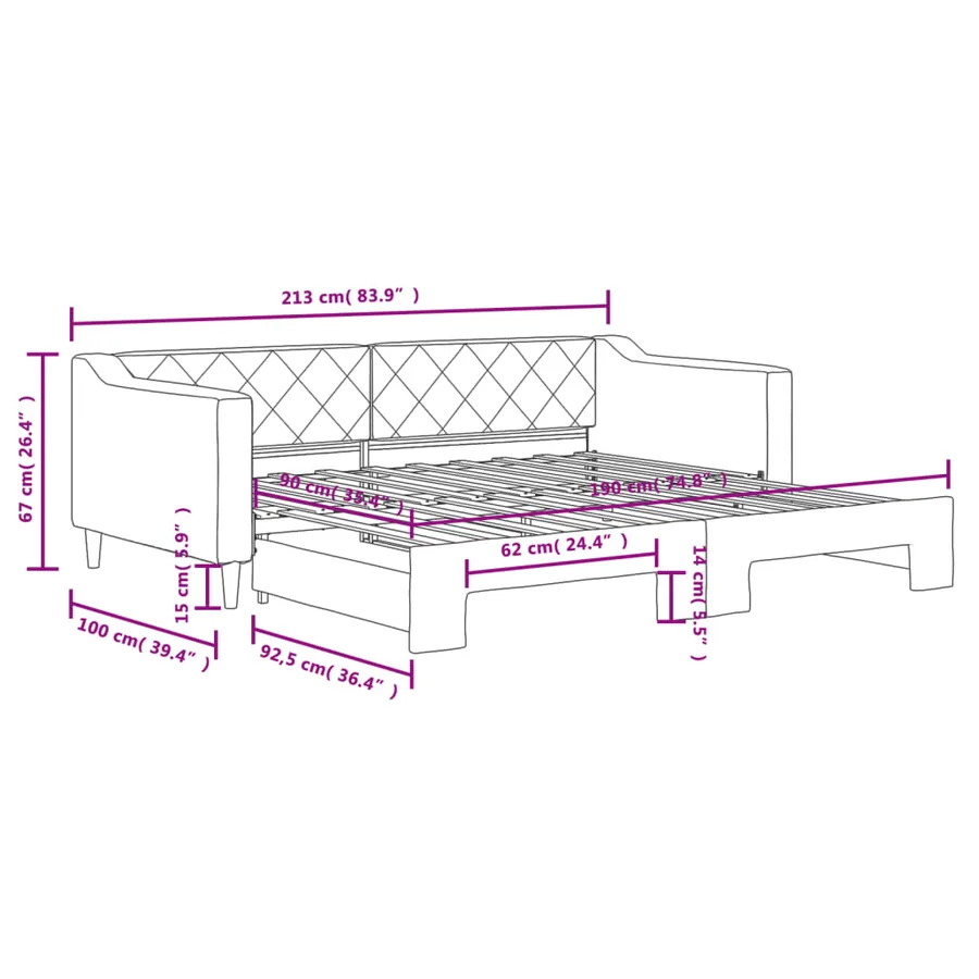 Lit de jour avec gigogne sans matelas gris foncé 90x190 cm - 11