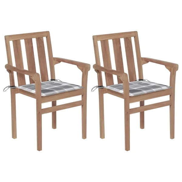 Chaises de jardin lot de 2 avec coussins à carreaux gris Teck