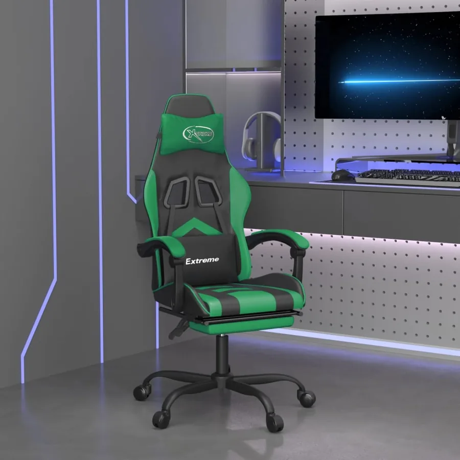 Chaise de jeu avec repose-pied Noir et vert Similicuir