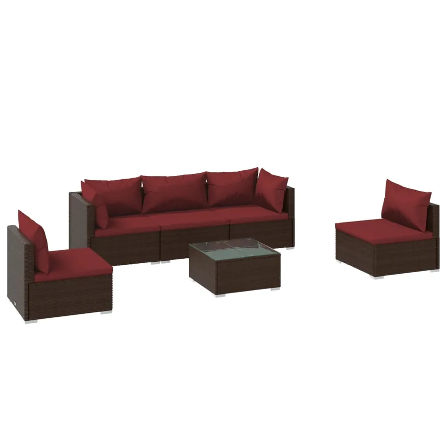 Salon de jardin 6 pcs avec coussins Résine tressée Marron - 2