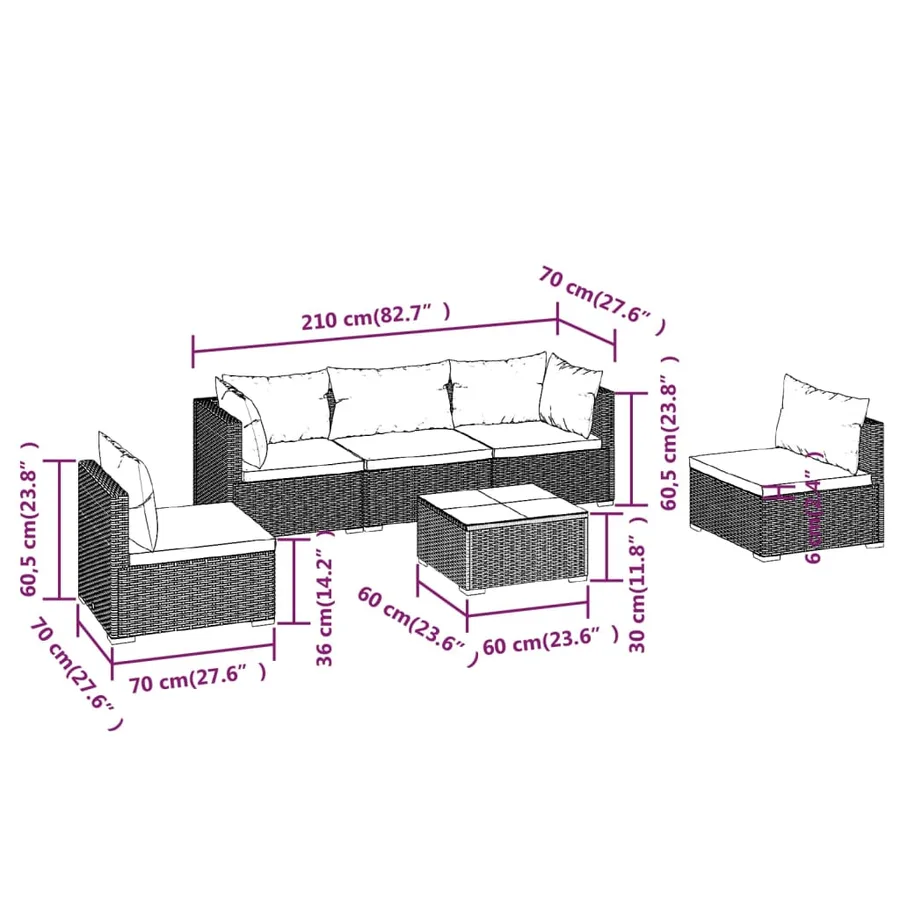 Salon de jardin 6 pcs avec coussins Résine tressée Marron - 9