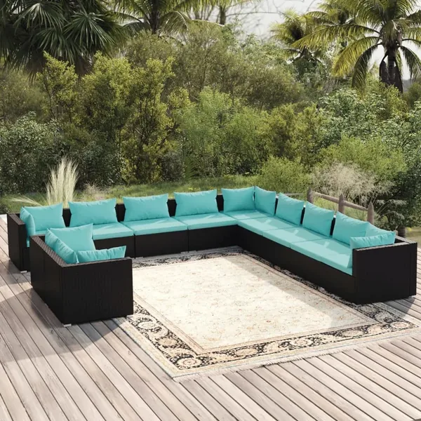 Salon de jardin 11 pcs avec coussins noir résine tressée