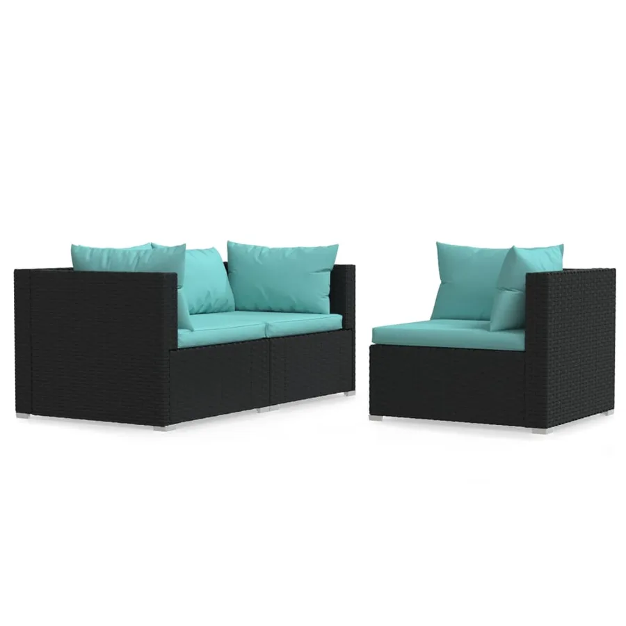 Salon de jardin 3 pcs avec coussins Noir Résine tressée - 2