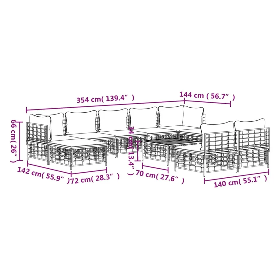 Salon de jardin 10 pcs avec coussins anthracite résine tressée - 10