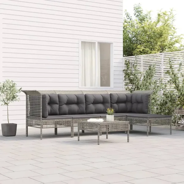 Salon de jardin 6 pcs avec coussins Gris Résine tressée