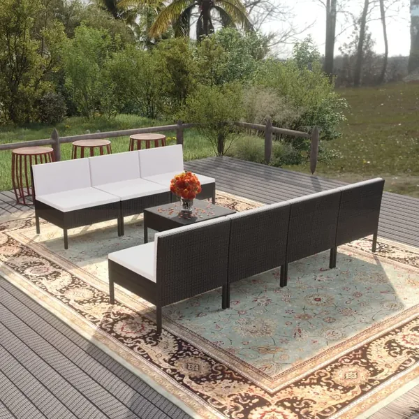 Salon de jardin 8 pcs avec coussins résine tressée noir