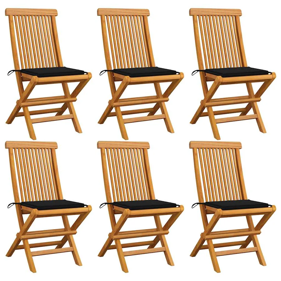 Chaises de jardin et coussins noir lot de 6 Bois de teck massif