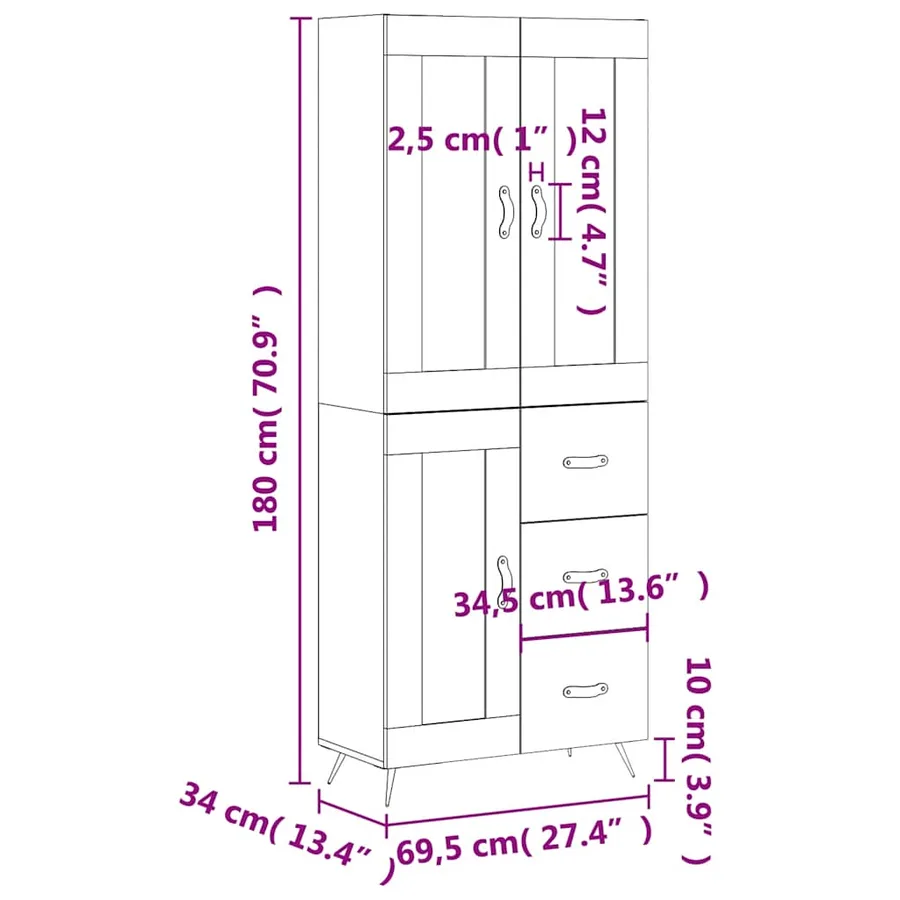 Buffet haut Gris béton 69,5x34x180 cm Bois d'ingénierie - 14