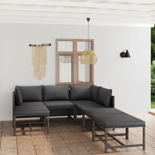 Salon de jardin 7 pcs avec coussins Résine tressée Gris