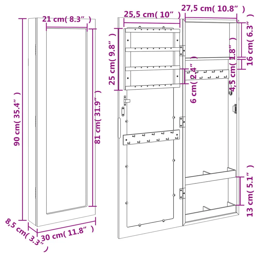 Armoire à bijoux avec miroir murale blanc 30x8,5x90 cm - 11