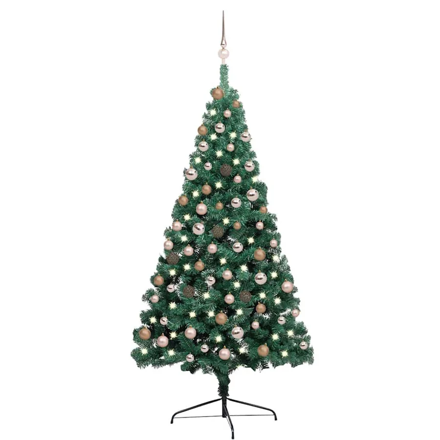 Demi-arbre de Noël artificiel pré-éclairé et boules vert 180 cm