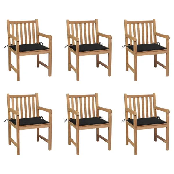 Chaises de jardin lot de 6 et coussins noir Bois de teck massif